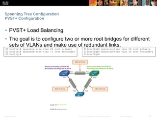 Presentation_ID ‹#›© 2017 Cisco Systems, Inc. All rights reserved. Cisco Confidential
Spanning Tree Configuration
PVST+ Configuration
▪ PVST+ Load Balancing
▪ The goal is to configure two or more root bridges for different
sets of VLANs and make use of redundant links.
S3(config)# spanning-tree vlan 20 root primary
S3(config)# spanning-tree vlan 10 root secondary
S3(config)#
S1(config)# spanning-tree vlan 10 root primary
S1(config)# spanning-tree vlan 20 root secondary
S1(config)#
 