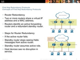 Presentation_ID ‹#›© 2017 Cisco Systems, Inc. All rights reserved. Cisco Confidential
First Hop Redundancy Protocols
Concepts of First Hop Redundancy Protocols
▪ Router Redundancy
▪ Two or more routers share a virtual IP
address and a MAC address.
▪ Routers identify an active forwarding
router and a redundant standby router.
▪ Steps for Router Redundancy
▪ If the active router fails:
▪ Standby router stops seeing Hello
messages from active router.
▪ Standby router assumes active role.
▪ Host devices see no disruption in
service.
 