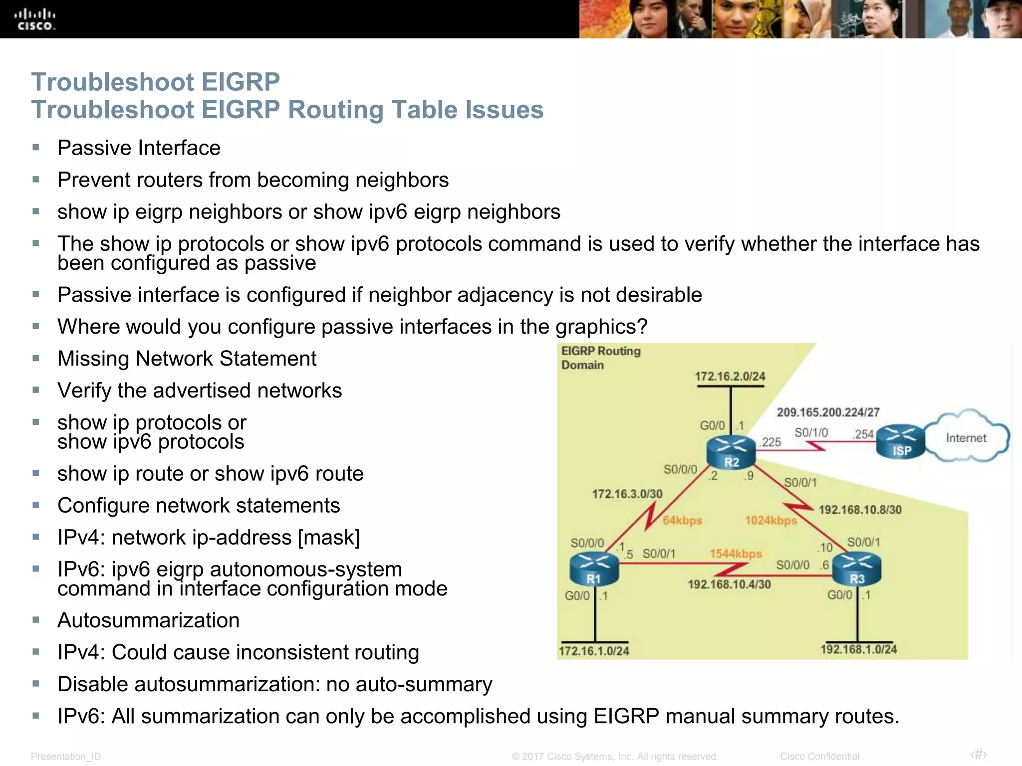 Presentation_ID ‹#›© 2017 Cisco Systems, Inc. All rights reserved. Cisco Confidential
Troubleshoot EIGRP
Troubleshoot EIGRP Routing Table Issues
 Passive Interface
 Prevent routers from becoming neighbors
 show ip eigrp neighbors or show ipv6 eigrp neighbors
 The show ip protocols or show ipv6 protocols command is used to verify whether the interface has
been configured as passive
 Passive interface is configured if neighbor adjacency is not desirable
 Where would you configure passive interfaces in the graphics?
 Missing Network Statement
 Verify the advertised networks
 show ip protocols or
show ipv6 protocols
 show ip route or show ipv6 route
 Configure network statements
 IPv4: network ip-address [mask]
 IPv6: ipv6 eigrp autonomous-system
command in interface configuration mode
 Autosummarization
 IPv4: Could cause inconsistent routing
 Disable autosummarization: no auto-summary
 IPv6: All summarization can only be accomplished using EIGRP manual summary routes.
 