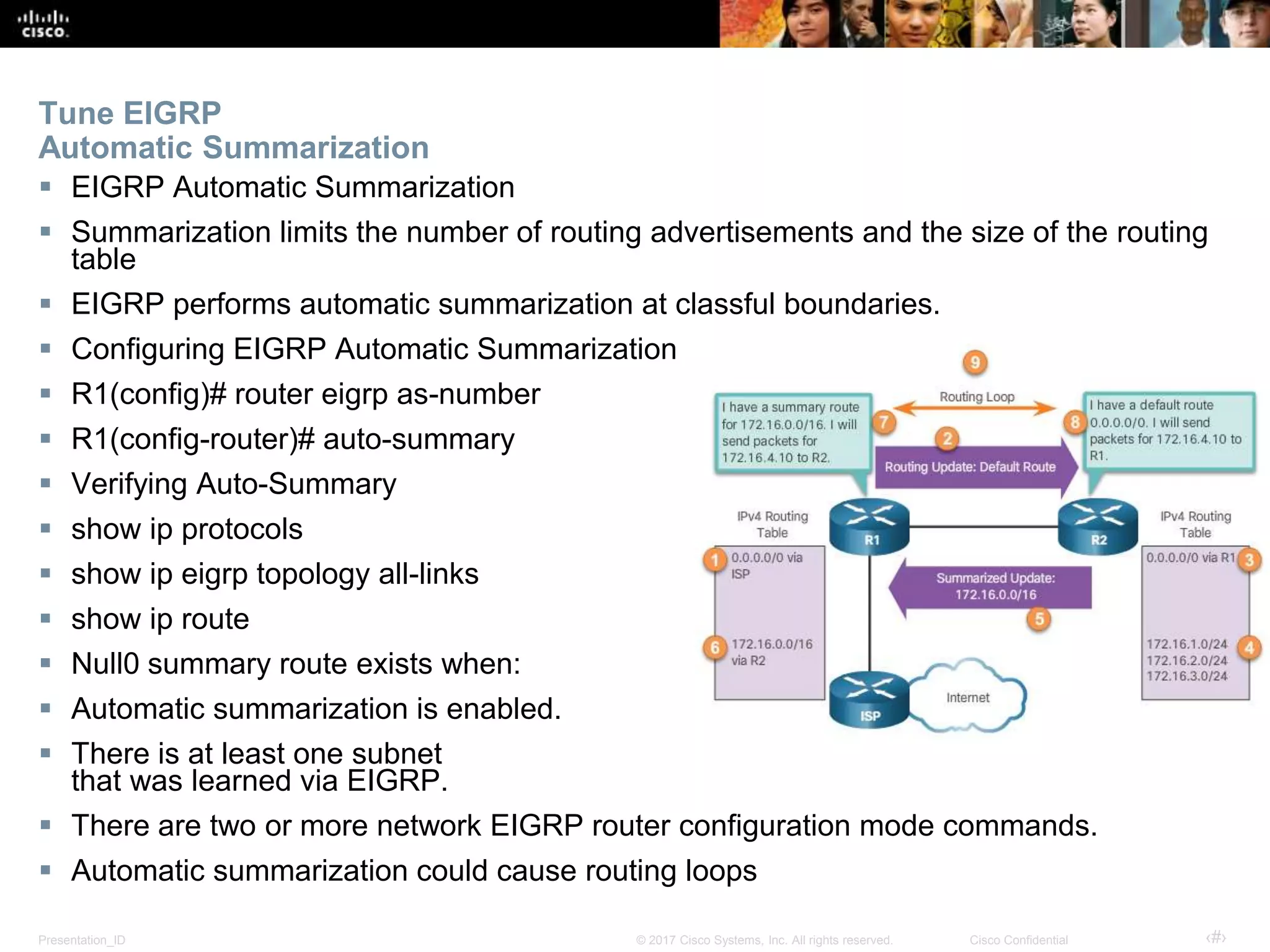 Presentation_ID ‹#›© 2017 Cisco Systems, Inc. All rights reserved. Cisco Confidential
Tune EIGRP
Automatic Summarization
 EIGRP Automatic Summarization
 Summarization limits the number of routing advertisements and the size of the routing
table
 EIGRP performs automatic summarization at classful boundaries.
 Configuring EIGRP Automatic Summarization
 R1(config)# router eigrp as-number
 R1(config-router)# auto-summary
 Verifying Auto-Summary
 show ip protocols
 show ip eigrp topology all-links
 show ip route
 Null0 summary route exists when:
 Automatic summarization is enabled.
 There is at least one subnet
that was learned via EIGRP.
 There are two or more network EIGRP router configuration mode commands.
 Automatic summarization could cause routing loops
 