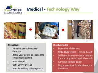 Medical - Technology Way




Advantages                            Disadvantages
•   Server or centrally stored        •   Expensive – laborious
    database                          •   Not a DMS system – clinical based
•   Helps your office go paperless-   •   Still labor intensive – poor solution
    efficient clinical tool               for scanning in old medical records
•   Meets HIPAA                       •   Continue to store paper
•   Get’s you your $$$$               •   Major violations for data breach –
•   Diminished long printing costs        CMS fines
 