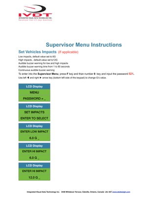Supervisor Menu Instructions
Set Vehicles Impacts (If applicable)
Low impacts, default value set to 6G
High impacts , default value set to12G
Audible buzzer warning for low and high impacts
Audible buzzer warning time from 1 to 60 seconds
Continuous audible buzzer warning
To enter into the Supervisor Menu, press F key and than number 9 key and input the password 521.
Use left ◀ and right ► arrow key (bottom left side of the keypad) to change G’s value.
LCD Display
MENU
PASSWORD = _
LCD Display
SET IMPACTS
ENTER TO SELECT
LCD Display
ENTER LOW IMPACT
6.0 G _
LCD Display
ENTER HI IMPACT
6.0 G _
LCD Display
ENTER HI IMPACT
12.0 G _
Integrated Visual Data Technology Inc. 3439 Whilabout Terrace, Oakville, Ontario, Canada L6L 0A7 www.skidweigh.com
 
