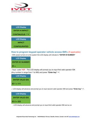 How to program keypad operator vehicle access ID#’s (If applicable)
- With power turned on to the system the LCD display will indicate to “ENTER ID NUMBER”
- Input code 742F . The LCD display will prompt you to input first valid operator ID#.
(Any number in range from 1 to 999) and press “Enter key” ↵.
- LCD display will advance and prompt you to input second valid operator ID# and press “Enter key” ↵.
- LCD display will advance and prompt you to input third valid operator ID# and so on.
LCD Display
ENTER HI IMPACT
CONTINUOUS ? Y
LCD Display
IMPACT
CONFIGURATED
LCD Display
ENTER ID NUMBER
ID =
LCD Display
ENTER VALID IDS
ID 1 = 111
LCD Display
ENTER VALID IDS
ID 2 = 222
Integrated Visual Data Technology Inc. 3439 Whilabout Terrace, Oakville, Ontario, Canada L6L 0A7 www.skidweigh.com
 