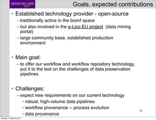 Goals, expected contributions
          • Established technology provider - open-source
                – traditionally active in the bioinf space
                – but also involved in the e-Lico EU project (data mining
                  portal)
                – large community base, established production
                  environment


          • Main goal:
                – to offer our workflow and workflow repository technology,
                  put it to the test on the challenges of data preservation
                  pipelines


          • Challenges:
                – expect new requirements on our current technology
                   • robust, high-volume data pipelines
                   • workflow provenance -- process evolution
                                                                              10
                   • data provenance
Sunday, 13 March 2011
 