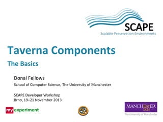 Taverna Components
The Basics
Donal Fellows
School of Computer Science, The University of Manchester
SCAPE Developer Workshop
Brno, 19–21 November 2013

 
