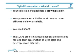 • Your collection of digital data is growing rapidly. 
• Your preservation activities must become more 
efficient and more scalable. 
• You need SCAPE! 
• The SCAPE project has developed scalable solutions 
for long-term preservation of large-scale and 
heterogeneous data sets. 
2 
Digital Preservation – What do I need? 
This work was partially supported by the SCAPE Project. 
The SCAPE project is co‐funded by the European Union under FP7 ICT‐2009.4.1 (Grant Agreement number 270137). 
 