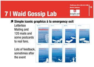 æ	Simple iconic graphics à la emergency exit
	Letterbox
	 Mailing and
	 120 mails and
	 some postcards
	 to real fans.
	 Lots of feedback,
	 sometimes after
	 the event
	
Einladung
Sicherheit im AlterTipps zur Prävention von Enkeltrickbetrug und Diebstahl
Montag, 5. September 2011
18 Uhr bis 19.15 Uhr
Eintritt frei - Pausengetränke
Kongressforum, Stadtspital Waid
Wie schütze ich mich vor Diebstahl?
Hugo Schenk berät Sie über
Präventionsmassnahmen gegen
Enkeltrickbetrug und andere
Diebstahlsarten. Mit hilfreichen
Verhaltenstipps vom Experten sind
Sie besser gegen Kriminalität im
Alltag gerüstet.
Waidfokus+
Stadtspital Waid
Vortrag von Hugo Schenk,
Kriminalprävention Stadt Zürich
Waidfokus+
Wildtiere im Stadtgebiet
Strategien zum Umgang mit Füchsen und anderen Wildtieren
in der Stadt
Vortrag von Erwin Nüesch, Wildhüter Grün Stadt Zürich
Haben Sie gewusst, dass in der Stadt Zürich erstaunlich viele
Füchse und überraschende Populationen von Rehen, Feldhasen
und Wildsauen leben? Wildtiere und insbesondere Füchse
dringen immer häufiger in bewohnte Gebiete vor. Wie Sie mit den
Tieren vor der Haustür umgehen sollen, erzählt Wildhüter Erwin
Nüesch im öffentlichen Publikumsvortrag.
Dienstag, 14. Februar 2012
18 Uhr bis 19.30 Uhr
Eintritt frei - Pausengetränke
Kongressforum, Stadtspital Waid
Strassennamen und -nummern sind unentbehrlich für die tägli-
che Orientierung in der Stadt. Für uns alle, wenn wir jemanden
besuchen wollen, für die Post, besonders aber für die Polizei,
die Feuerwehr und die Sanität, wenn sie zu einem dringen-
den Einsatz gerufen werden. Sie wohnen «Im Sack» oder «Im
jungen Berg» und wollten schon immer wissen, woher diese
Namen stammen und wie sie entstehen? Charlotte Koch Keller
und Andreas Oprecht nehmen Sie mit auf eine Reise durch die
Strassen der Stadt Zürich.
Waidfokus+
Eisernes Zeit und Frechenmätteli
Wie Zürichs Strassen zu ihren Namen kommen
Vortrag von Charlotte Koch Keller und Andreas Oprecht,
Strassenbenennungskommission Stadt Zürich
Mittwoch, 10. Oktober 2012
18 Uhr bis 19.30 Uhr
Kongressforum, Stadtspital WaidEintritt frei - Pausengetränke
Waidfokus+
Heilig Abend ohne Stress
Was tun, wenn’s brennt?
Vortrag von André Kempf,
Sicherheitsdelegierter der Stadt Zürich
Weihnachten steht vor der Tür: Nichtwissen, Unachtsamkeit oder
eine Verkettung unglücklicher Zufälle können zu unschönen Erin-
nerungen führen. Etwas, auf das man in der besinnlichsten Zeit des
Jahres gerne verzichtet. Wie schnell doch die Weihnachtsbäume
abbrennen und Adventskränze glühen, noch bevor «Stille Nacht,
heilige Nacht» überhaupt angestimmt wurde. Gut zu wissen, wie
man im Brandfall richtig reagiert- oder noch besser, wie man sich
davor schützt.
Damit in der Adventszeit Weihnachten und nicht die Feuerwehr vor
der Tür steht, erzählt ihnen André Kempf von Schutz & Rettung, wie
Sie präventiv handeln können.
Donnerstag, 13. Dezember 2012
18 Uhr bis 19.30 Uhr
Eintritt frei - Pausengetränke
Inkl. Kinderecke mit Samichlaus
Jean Pierre Cotti während Vortrag
Kongressforum, Stadtspital Waid
Waidfokus+
Brunnen der Stadt Zürich
Künstlerische sowie historische relevante Besonderheiten
Vortrag von der Abteilung Brunnen der Wasserversorgung der
Stadt Zürich
Heute ist Zürich wohl die brunnenreichste Stadt weit und breit,
nicht nur in der Schweiz. Zwar gibt es darüber keine genaue
Vergleichsstatistik, aber wichtiger als die Zahl ist die künstlerische
Vielfalt der Brunnen und die Qualität des Trinkwassers, das täglich
aus Tausenden fleissiger Röhren quillt.
Erleben Sie den Kreislauf des Wassers, eine Planung eines neuen
Brunnen und die geschichtlichen Hintergründe der Natursteinbrun-
nen.
Donnerstag, 23. Mai 2013
18 Uhr bis 19.30 Uhr
Eintritt frei - Pausengetränke
Kongressforum, Stadtspital Waid
Waidfokus+
Pfahlbauarchäologie in Zürich
Aus der Stadtzürcher Urgeschichte vor 5000 Jahren
Vortrag von Dr. Andreas Mäder und Dr. Niels Bleicher,
Abteilung Unterwasserarchäologie Stadt Zürich
Die Pfahlbausiedlungen wurden 2011 zum UNESCO-Weltkulturerbe
erklärt. An den Zürcher Gewässern gibt es zahlreiche Pfahlbaudörfer
aus der Steinzeit. Die Abteilung Unterwasserarchäologie dokumen-
tieren diese Zeugen aus der Vergangenheit seit über 40 Jahren. Im
Vortrag erhalten Sie Einblicke in die vielfältige Arbeit der Archäologen,
zur jüngsten archäologischen Rettungsgrabung beim Zürcher Opern-
haus und in das Leben der Ur-ZürcherInnen vor über 5000 Jahren.
Dienstag, 05. März 2013
18 Uhr bis 19.30 Uhr
Eintritt frei - Pausengetränke
Kongressforum, Stadtspital Waid
3 | The Waid didactics7 | Waid Gossip Lab
19
7th/8th june 2013, ICEA 2013 UBR
Maurice Codourey
 