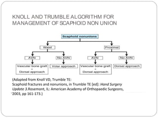 KNOLL AND TRUMBLE ALGORITHM FOR
MANAGEMENT OF SCAPHOID NON UNION
(Adapted from Knoll VD, Trumble TE:
Scaphoid fractures and nonunions, in Trumble TE [ed]: Hand Surgery
Update 3.Rosemont, IL: American Academy of Orthopaedic Surgeons,
2003, pp 161-173.)
 