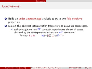 Conclusions


Conclusions


 1   Build an under-approximated analysis to state two ﬁeld-sensitive
     properties.
 2   Exploit the abstract interpretation framework to prove its correctness.
            each propagation rule Π i correctly approximates the set of states
            obtained by the correspondent instruction ins i execution:
                 for each I ∈ A,     ins (γ (I )) ⊆ γ (Π (I ))




 Scapin and Spoto (univr.it)   Unreachability & Non-Cyclicity Analysis   BYTECODE’13   14 / 15
 