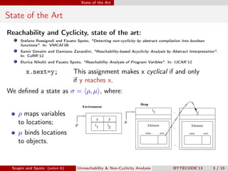 State of the Art


State of the Art
Reachability and Cyclicity, state of the art:
     Stefano Rossignoli and Fausto Spoto, "Detecting non-cyclicity by abstract compilation into boolean
     functions". In: VMCAI’06
     Samir Genaim and Damiano Zanardini, "Reachability-based Acyclicity Analysis by Abstract Interpretation".
     In: CoRR’12
     Ðurica Nikolić and Fausto Spoto, "Reachability Analysis of Program Varibles". In: IJCAR’12

        x.next=y;                This assignment makes x cyclical if and only
                                 if y reaches x.
We deﬁned a state as σ = ρ, µ , where:
                                                                     Heap
                                      Environment
                                                                                 l1          ...                 l2
    ρ maps variables
                                              x     y
    to locations;                                           µ
                                  ρ          l1     l2                     Element                         Element
                                                                                             ...
    µ binds locations                                                    value        next               value        next


    to objects.                                                    tikzpicture
                                                                                             ...
                                                                                                   tikzpicture




 Scapin and Spoto (univr.it)       Unreachability & Non-Cyclicity Analysis                   BYTECODE’13                     3 / 15
 