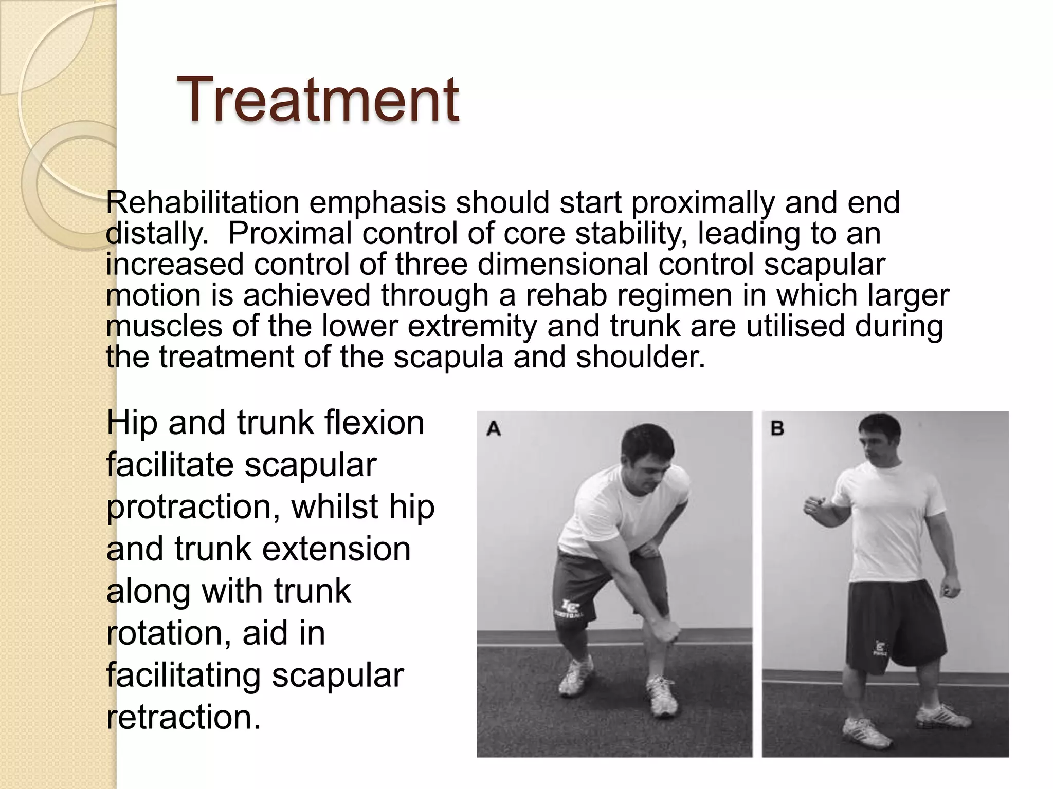 Treatment
Rehabilitation emphasis should start proximally and end
distally. Proximal control of core stability, leading to an
increased control of three dimensional control scapular
motion is achieved through a rehab regimen in which larger
muscles of the lower extremity and trunk are utilised during
the treatment of the scapula and shoulder.
Hip and trunk flexion
facilitate scapular
protraction, whilst hip
and trunk extension
along with trunk
rotation, aid in
facilitating scapular
retraction.
 