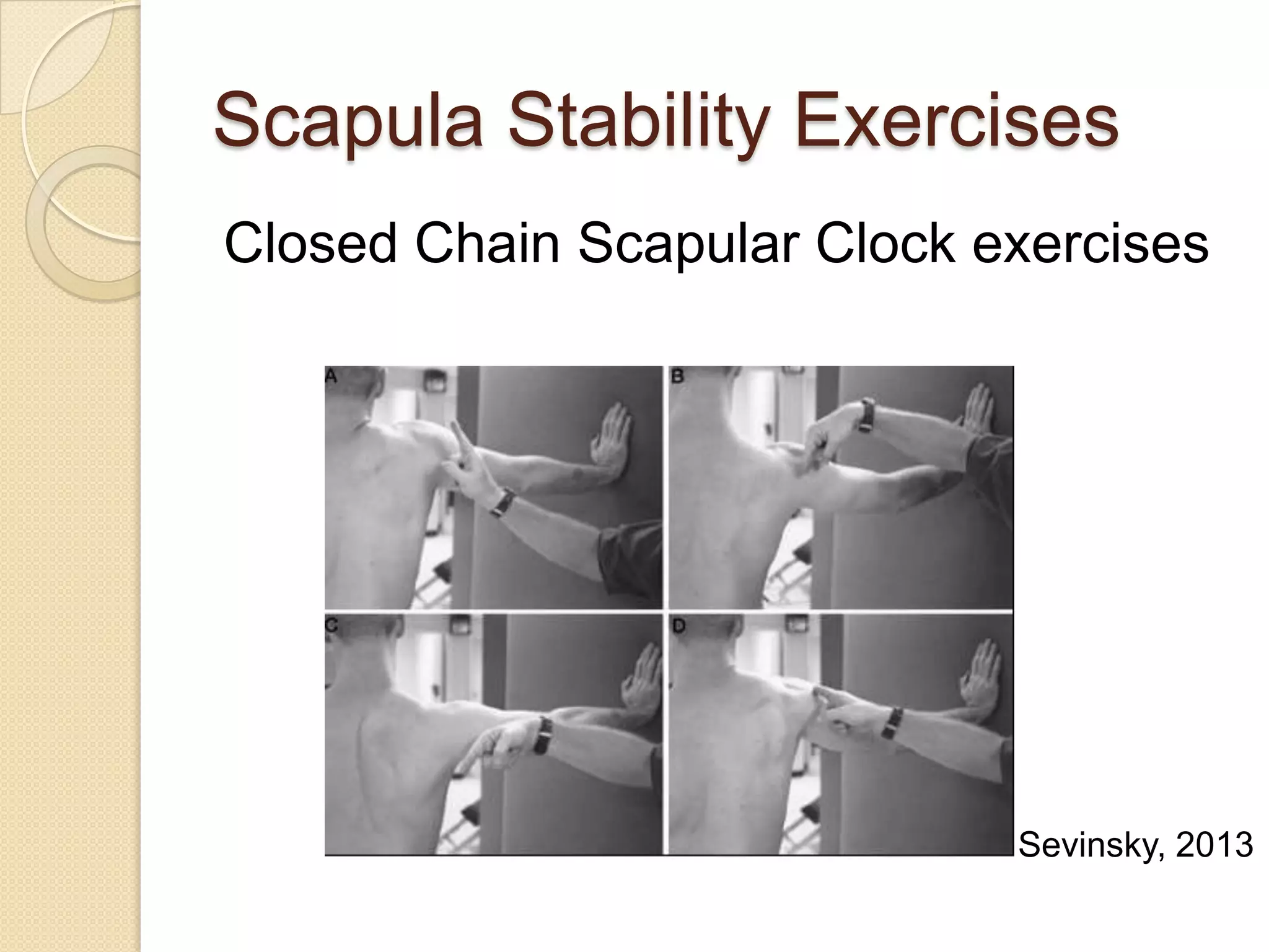 Scapula Stability Exercises
Closed Chain Scapular Clock exercises
Sevinsky, 2013
 