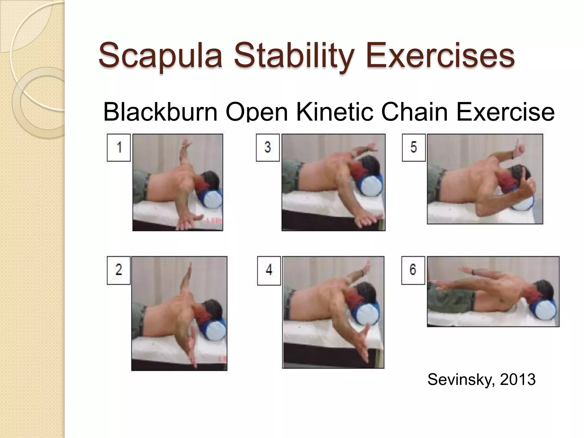 Scapula Stability Exercises
Blackburn Open Kinetic Chain Exercise
Sevinsky, 2013
 