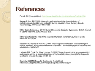 References
Funk L (2013) Available at: http://www.shoulderdoc.co.uk/article.asp?article=930
Illyes A & Kiss RM (2003) Kinematic and muscle activity characteristics of
multidirectional shoulder joint instability during elevation. Knee Surgery, Sports
Traumatology, Arthroscopy 14:673-85
Kibler BW & Sciascia A, (2010) Current Concepts: Scapular Dyskinesis. British Journal
of Sports Medicine, 2010; 44: 300-305.
Kibler BW (1998) The role of the scapula in function. American journal of sports
medicine 26:325-37.
Kebbatse M, Mclure P, Pratt NA (1999) Thoracic position effect on shoulder range of
motion, strength, and three-dimensional kinematics. Archives of physical medicine and
rehabilitation 80:945-50
Ludewig PM, Cook TM, Nawoczenski D (1996) Three dimensional scapular orientation
and muscle activity at selected positions of humeral elevation. Journal of orthopaedic
sports and physical therapy. 24:57-65
Sevinsky S (2013) Scapular Dyskinesis. Available at:
http://www.smogshoulder.com/images/Scapular_dyskinesis.pdf
 