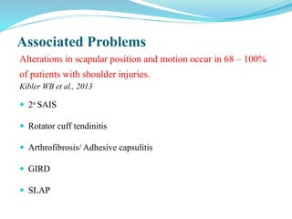 Associated Problems
Alterations in scapular position and motion occur in 68 – 100%
of patients with shoulder injuries.
Kibler WB et al., 2013
 2o SAIS
 Rotator cuff tendinitis
 Arthrofibrosis/ Adhesive capsulitis
 GIRD
 SLAP
 