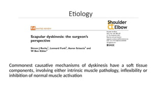 Etiology
Commonest causative mechanisms of dyskinesis have a soft tissue
components, involving either intrinsic muscle pathology, inflexibility or
inhibition of normal muscle activation
 