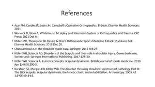 References
• Azar FM, Canale ST, Beaty JH. Campbell's Operative Orthopaedics, E-Book. Elsevier Health Sciences;
2021
• Warwick D, Blom A, Whitehouse M. Apley and Solomon’s System of Orthopaedics and Trauma. CRC
Press; 2021 Dec 6.
• Miller MD, Thompson SR. DeLee & Drez's Orthopaedic Sports Medicine E-Book: 2-Volume Set.
Elsevier Health Sciences; 2018 Dec 20.
• Charalambous CP. The shoulder made easy. Springer; 2019 Feb 27.
• Kibler WB, Sciascia AD. Disorders of the Scapula and their role in shoulder injury. Gewerbestrasse,
Switzerland: Springer International Publishing. 2017:128-30.
• Kibler WB, Sciascia A. Current concepts: scapular dyskinesis. British journal of sports medicine. 2010
Apr 1;44(5):300-5.
• Burkhart SS, Morgan CD, Kibler WB. The disabled throwing shoulder: spectrum of pathology Part III:
The SICK scapula, scapular dyskinesis, the kinetic chain, and rehabilitation. Arthroscopy. 2003 Jul
1;19(6):641-61.
 