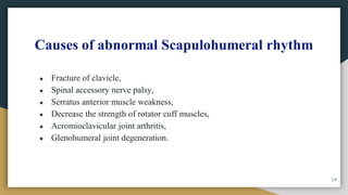 Causes of abnormal Scapulohumeral rhythm
● Fracture of clavicle,
● Spinal accessory nerve palsy,
● Serratus anterior muscle weakness,
● Decrease the strength of rotator cuff muscles,
● Acromioclavicular joint arthritis,
● Glenohumeral joint degeneration.
14
 