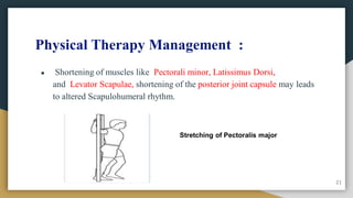 Physical Therapy Management :
● Shortening of muscles like Pectorali minor, Latissimus Dorsi,
and Levator Scapulae, shortening of the posterior joint capsule may leads
to altered Scapulohumeral rhythm.
Stretching of Pectoralis major
21
 