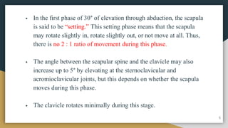  In the first phase of 30° of elevation through abduction, the scapula
is said to be “setting.” This setting phase means that the scapula
may rotate slightly in, rotate slightly out, or not move at all. Thus,
there is no 2 : 1 ratio of movement during this phase.
 The angle between the scapular spine and the clavicle may also
increase up to 5° by elevating at the sternoclavicular and
acromioclavicular joints, but this depends on whether the scapula
moves during this phase.
 The clavicle rotates minimally during this stage.
5
 
