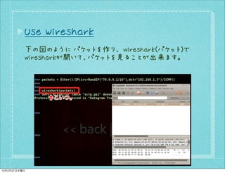Use Wireshark
          下の図のように パケットを作り、 wireshark(パケット)で
          wiresharkが開いて、パケットを見ることが出来ます。




13年2月27日水曜日
 