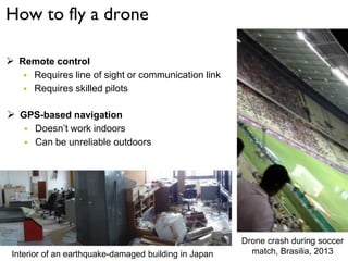How to fly a drone
 Remote control
 Requires line of sight or communication link
 Requires skilled pilots
Drone crash during soccer
match, Brasilia, 2013Interior of an earthquake-damaged building in Japan
 GPS-based navigation
 Doesn’t work indoors
 Can be unreliable outdoors
 