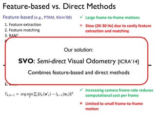 Feature-based vs. Direct Methods
1. Feature extraction
2. Feature matching
3. RANSAC + P3P
4. Reprojection error
minimization
𝑇𝑘,𝑘−1 = arg min
𝑇
𝒖′𝑖 − 𝜋 𝒑𝑖
2
𝑖
Direct approaches
1. Minimize photometric error
𝑇𝑘,𝑘−1 = arg min
𝑇
𝐼 𝑘 𝒖′𝑖 − 𝐼 𝑘−1(𝒖𝑖) 2
𝑖
 Large frame-to-frame motions
 Slow (20-30 Hz) due to costly feature
extraction and matching
 Not robust to high-frequency and
repetive texture
 Every pixel in the image can be
exploited (precision, robustness)
 Increasing camera frame-rate reduces
computational cost per frame
 Limited to small frame-to-frame
motion
Feature-based (e.g., PTAM, Klein’08)
Our solution:
SVO: Semi-direct Visual Odometry [ICRA’14]
Combines feature-based and direct methods
 