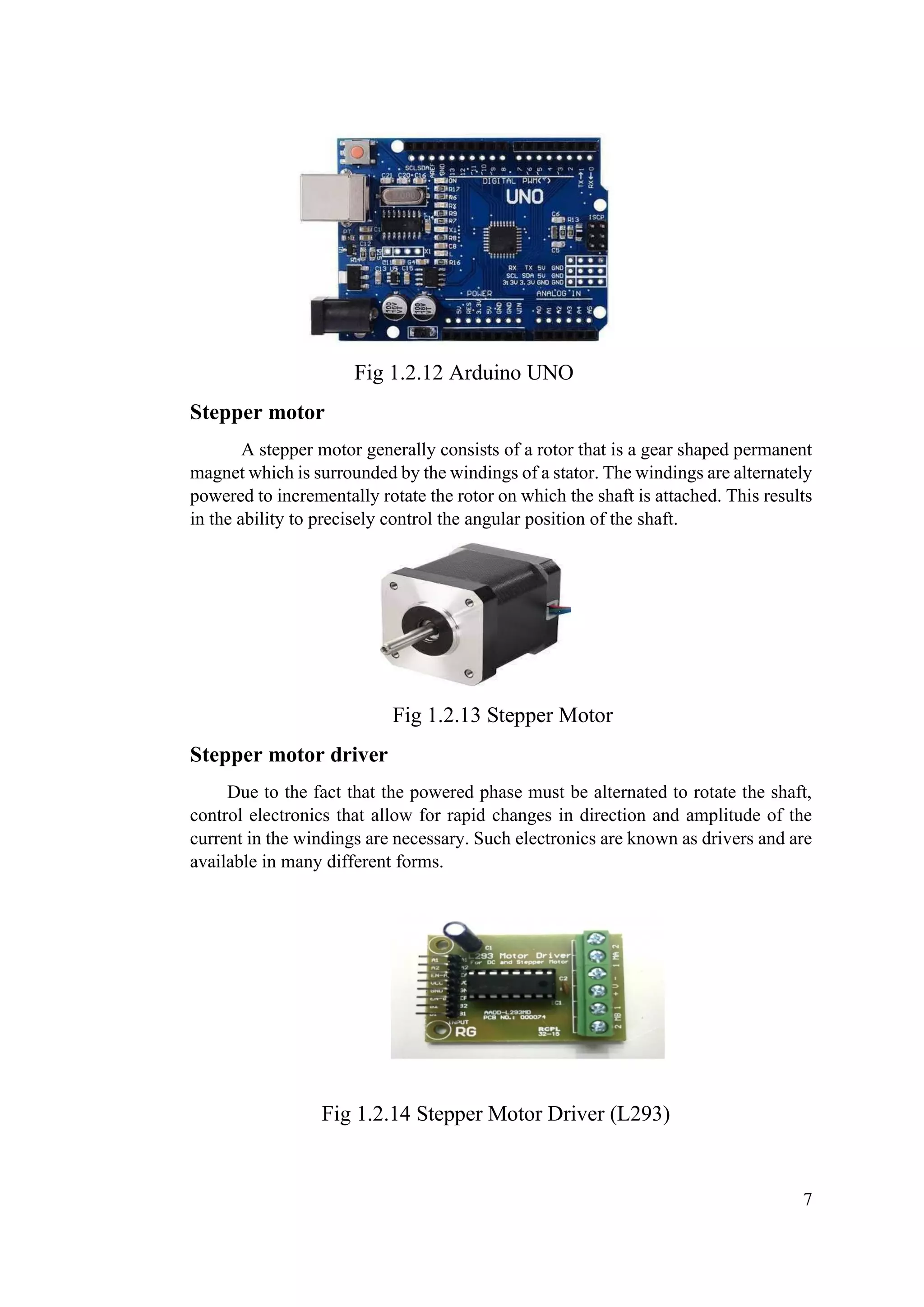 7
Fig 1.2.12 Arduino UNO
Stepper motor
A stepper motor generally consists of a rotor that is a gear shaped permanent
magnet which is surrounded by the windings of a stator. The windings are alternately
powered to incrementally rotate the rotor on which the shaft is attached. This results
in the ability to precisely control the angular position of the shaft.
Fig 1.2.13 Stepper Motor
Stepper motor driver
Due to the fact that the powered phase must be alternated to rotate the shaft,
control electronics that allow for rapid changes in direction and amplitude of the
current in the windings are necessary. Such electronics are known as drivers and are
available in many different forms.
Fig 1.2.14 Stepper Motor Driver (L293)
 