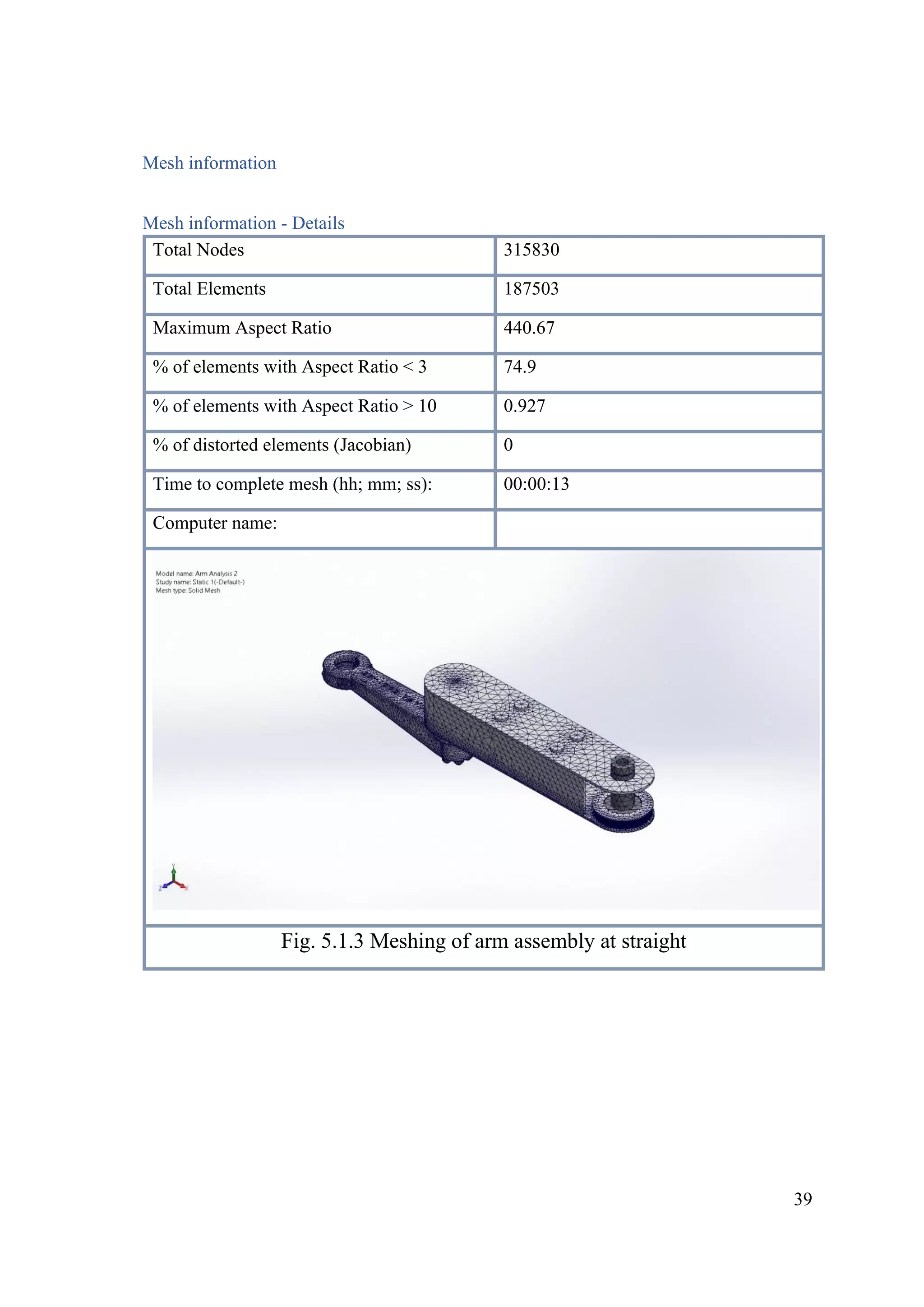 39
Mesh information
Mesh information - Details
Total Nodes 315830
Total Elements 187503
Maximum Aspect Ratio 440.67
% of elements with Aspect Ratio < 3 74.9
% of elements with Aspect Ratio > 10 0.927
% of distorted elements (Jacobian) 0
Time to complete mesh (hh; mm; ss): 00:00:13
Computer name:
Fig. 5.1.3 Meshing of arm assembly at straight
 