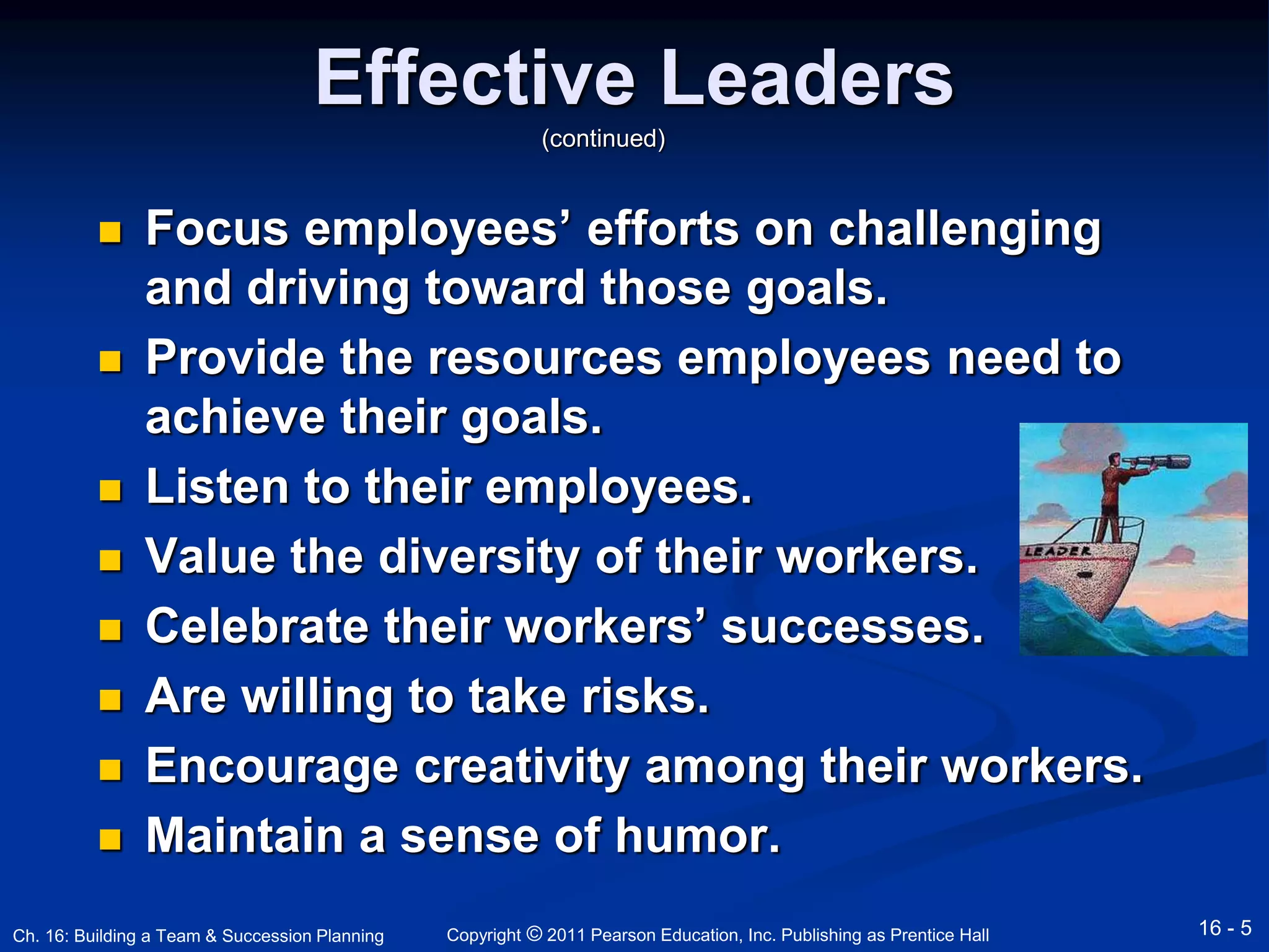 Effective Leaders 
(continued) 
 Focus employees’ efforts on challenging 
and driving toward those goals. 
 Provide the resources employees need to 
achieve their goals. 
 Listen to their employees. 
 Value the diversity of their workers. 
 Celebrate their workers’ successes. 
 Are willing to take risks. 
 Encourage creativity among their workers. 
 Maintain a sense of humor. 
Copyright © 2011 Pearson Education, Inc. Publishing Ch. 16: Building a Team & Succession Planning as Prentice Hall 16 - 5 
 