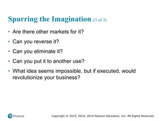 Copyright © 2019, 2016, 2014 Pearson Education, Inc. All Rights Reserved.
Spurring the Imagination (3 of 3)
• Are there other markets for it?
• Can you reverse it?
• Can you eliminate it?
• Can you put it to another use?
• What idea seems impossible, but if executed, would
revolutionize your business?
 