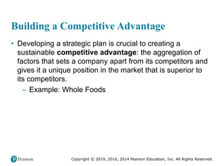 Copyright © 2019, 2016, 2014 Pearson Education, Inc. All Rights Reserved.
Building a Competitive Advantage
• Developing a strategic plan is crucial to creating a
sustainable competitive advantage: the aggregation of
factors that sets a company apart from its competitors and
gives it a unique position in the market that is superior to
its competitors.
– Example: Whole Foods
 