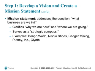Copyright © 2019, 2016, 2014 Pearson Education, Inc. All Rights Reserved.
Step 1: Develop a Vision and Create a
Mission Statement (2 of 2)
• Mission statement: addresses the question: “what
business are we in?”
– Clarifies “why we are here” and “where we are going.”
– Serves as a “strategic compass.”
– Examples: Bongo World, Nisolo Shoes, Badger Mining,
Putney, Inc., Clymb
 