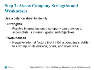 Copyright © 2019, 2016, 2014 Pearson Education, Inc. All Rights Reserved.
Step 2: Assess Company Strengths and
Weaknesses
Use a balance sheet to identify:
• Strengths
– Positive internal factors a company can draw on to
accomplish its mission, goals, and objectives.
• Weaknesses
– Negative internal factors that inhibit a company’s ability
to accomplish its mission, goals, and objectives.
 
