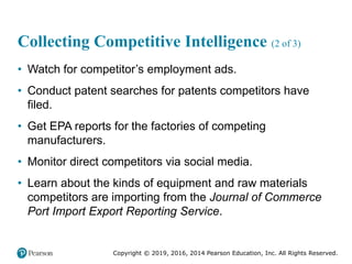 Copyright © 2019, 2016, 2014 Pearson Education, Inc. All Rights Reserved.
Collecting Competitive Intelligence (2 of 3)
• Watch for competitor’s employment ads.
• Conduct patent searches for patents competitors have
filed.
• Get EPA reports for the factories of competing
manufacturers.
• Monitor direct competitors via social media.
• Learn about the kinds of equipment and raw materials
competitors are importing from the Journal of Commerce
Port Import Export Reporting Service.
 