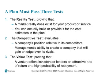 Copyright © 2019, 2016, 2014 Pearson Education, Inc. All Rights Reserved.
A Plan Must Pass Three Tests
1. The Reality Test: proving that:
– A market really does exist for your product or service.
– You can actually build or provide it for the cost
estimates in the plan.
2. The Competitive Test: evaluates:
– A company’s position relative to its competitors.
– Management’s ability to create a company that will
gain an edge over its rivals.
3. The Value Test: proving that:
– A venture offers investors or lenders an attractive rate
of return or a high probability of repayment.
 