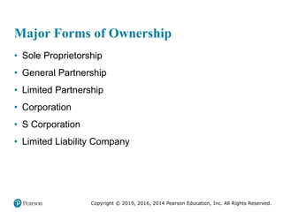 Copyright © 2019, 2016, 2014 Pearson Education, Inc. All Rights Reserved.
Major Forms of Ownership
• Sole Proprietorship
• General Partnership
• Limited Partnership
• Corporation
• S Corporation
• Limited Liability Company
 