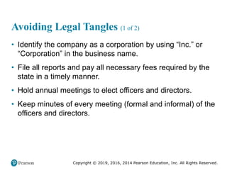 Copyright © 2019, 2016, 2014 Pearson Education, Inc. All Rights Reserved.
Avoiding Legal Tangles (1 of 2)
• Identify the c...