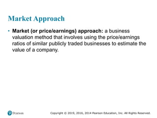 Copyright © 2019, 2016, 2014 Pearson Education, Inc. All Rights Reserved.
Market Approach
• Market (or price/earnings) approach: a business
valuation method that involves using the price/earnings
ratios of similar publicly traded businesses to estimate the
value of a company.
 