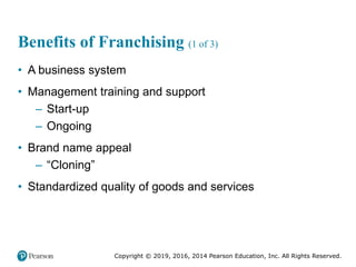 Copyright © 2019, 2016, 2014 Pearson Education, Inc. All Rights Reserved.
Benefits of Franchising (1 of 3)
• A business system
• Management training and support
– Start-up
– Ongoing
• Brand name appeal
– “Cloning”
• Standardized quality of goods and services
 