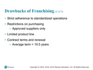 Copyright © 2019, 2016, 2014 Pearson Education, Inc. All Rights Reserved.
Drawbacks of Franchising (2 of 3)
• Strict adherence to standardized operations
• Restrictions on purchasing
– Approved suppliers only
• Limited product line
• Contract terms and renewal
– Average term = 10.5 years
 