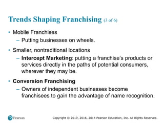 Copyright © 2019, 2016, 2014 Pearson Education, Inc. All Rights Reserved.
Trends Shaping Franchising (3 of 6)
• Mobile Fra...