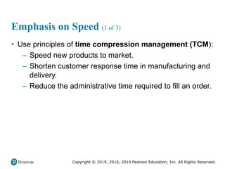 Copyright © 2019, 2016, 2014 Pearson Education, Inc. All Rights Reserved.
Emphasis on Speed (1 of 3)
• Use principles of time compression management (TCM):
– Speed new products to market.
– Shorten customer response time in manufacturing and
delivery.
– Reduce the administrative time required to fill an order.
 