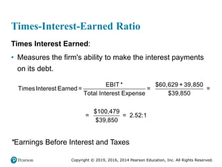 Copyright © 2019, 2016, 2014 Pearson Education, Inc. All Rights Reserved.
Times-Interest-Earned Ratio
Times Interest Earned:
• Measures the firm's ability to make the interest payments
on its debt.
EBIT * $60,629 + 39,850
TimesInterest Earned = = =
Total Interest Expense $39,850
$100,479
= = 2.52:1
$39,850
*Earnings Before Interest and Taxes
 