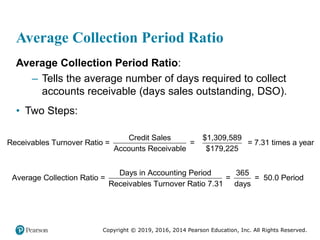 Copyright © 2019, 2016, 2014 Pearson Education, Inc. All Rights Reserved.
Average Collection Period Ratio
Average Collection Period Ratio:
– Tells the average number of days required to collect
accounts receivable (days sales outstanding, DSO).
• Two Steps:
Credit Sales $1,309,589
Receivables Turnover Ratio = = = 7.31 times a year
Accounts Receivable $179,225
Days in Accounting Period 365
Average Collection Ratio = = = 50.0 Period
Receivables Turnover Ratio 7.31 days
 