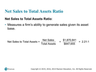 Copyright © 2019, 2016, 2014 Pearson Education, Inc. All Rights Reserved.
Net Sales to Total Assets Ratio
Net Sales to Total Assets Ratio:
• Measures a firm’s ability to generate sales given its asset
base.
Net Sales $1,870,841
Net Sales to Total Assets = = = 2.21:1
Total Assets $847,655
 