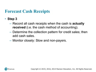 Copyright © 2019, 2016, 2014 Pearson Education, Inc. All Rights Reserved.
Forecast Cash Receipts
• Step 3
– Record all cash receipts when the cash is actually
received (i.e. the cash method of accounting).
– Determine the collection pattern for credit sales; then
add cash sales.
– Monitor closely: Slow and non-payers.
 