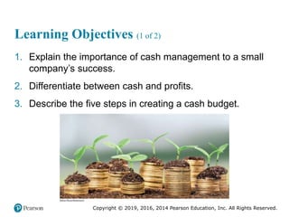 Copyright © 2019, 2016, 2014 Pearson Education, Inc. All Rights Reserved.
Learning Objectives (1 of 2)
1. Explain the importance of cash management to a small
company’s success.
2. Differentiate between cash and profits.
3. Describe the five steps in creating a cash budget.
 