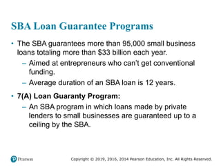 Copyright © 2019, 2016, 2014 Pearson Education, Inc. All Rights Reserved.
SBA Loan Guarantee Programs
• The SBA guarantees...