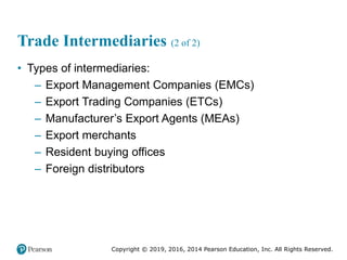 Copyright © 2019, 2016, 2014 Pearson Education, Inc. All Rights Reserved.
Trade Intermediaries (2 of 2)
• Types of intermediaries:
– Export Management Companies (EMCs)
– Export Trading Companies (ETCs)
– Manufacturer’s Export Agents (MEAs)
– Export merchants
– Resident buying offices
– Foreign distributors
 